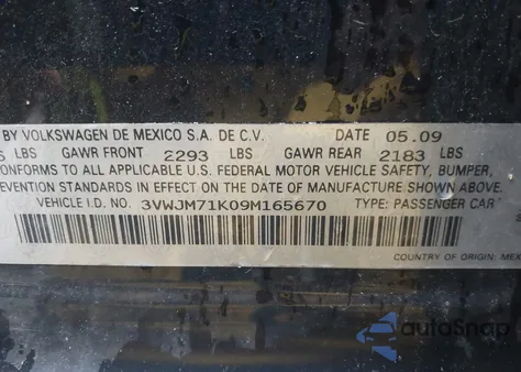 2009 Volkswagen Jetta S z USA, uszkodzony, nr VIN 3VWJM71K09M165670